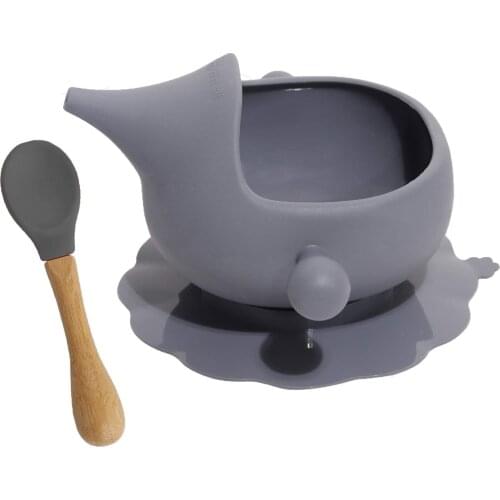 Silicone bowl Baby feeding Suction Bowl with Spoon3pcs/set First Feeding Set for kids Toddler Led Weaning (Grey pink green)