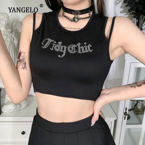 Streetwear Diamond Black Tanks Goth Sexy Bodycon Sleeveless Crop Top Punk Grunge Summer Basic Tank O Neck Casual Tops