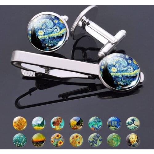 Van Gogh Simple Necktie Clip Gentleman Cufflinks Tie Clips Set for Mens Glass Jewelry Starry Night Sky Sunflower Gift Package