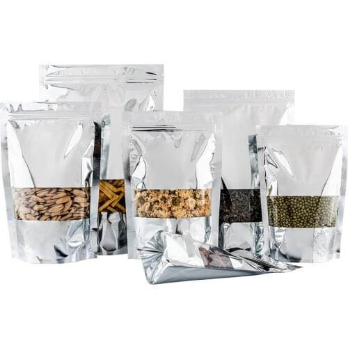 Wholesale 100pcs Glossy Silver Aluminum Foil Window Zip-Lock Bag Stand up Shinny Visiable Snack Biscuits Outside Food Coffee Bag