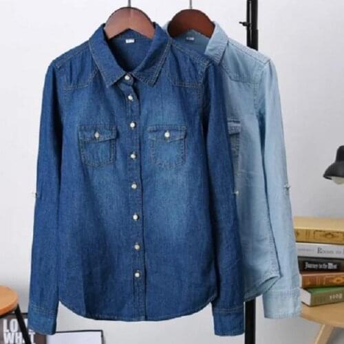 Plus size 4XL 2020 autumn women long sleeve Denim tops Shirts Casual Cotton Jean Blouse Turn-down Pockets
