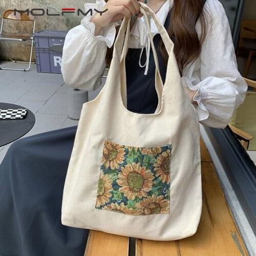 Ladies Cnavas Handbag Sunflower Print Large Capacity Shoulder Bag Campus Style Womens Casual Simple Tote Bag Shopping Bag New