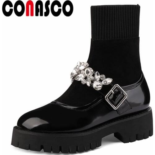 CONASCO New Sweet Women Ankle Boots Autumn Winter Warm Cow Leather Night Club Causal Prom Office Boots Metal Belt Buckle Woman