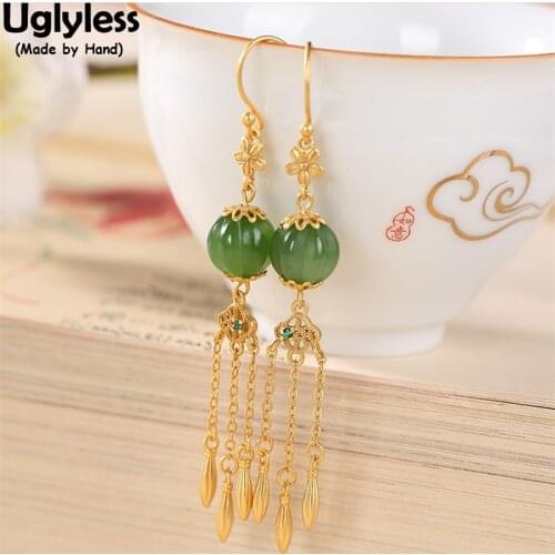 Uglyless Ethnic Long Tassels Earrings for Women Classic Eastern Beauty Jasper Earrings Gold 925 Silver Zircons Brincos Flowers