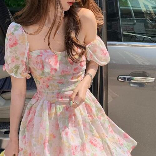 Floral Ladies Dress Korean Elegant WomenS Costume Party Puff Sleeve Retro Beach Dress Bohemia 2021 Summer Dress y2k