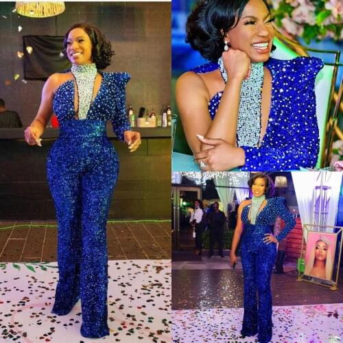 Royal Blue 2021 Sequined Jumpsuit Prom Dresses Aso Ebi Arabic Long Sleeves High Neck African Beaded Evening Gowns Plus Size