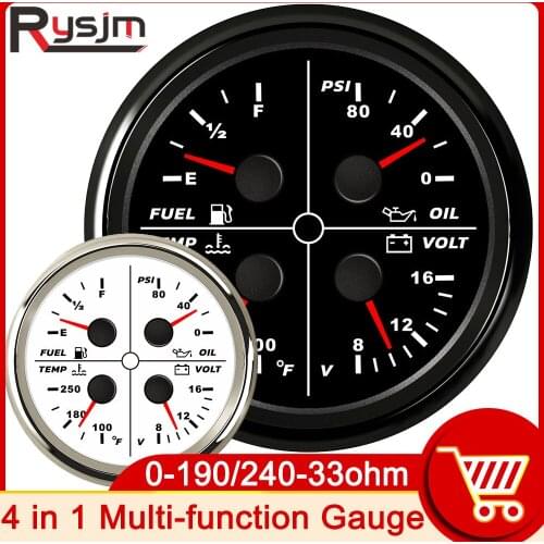 85mm Fuel Level 0-190/240-33ohm Oil Pressure Water Temp Voltmeter 0-80Psi 120-240℉ 4 in 1 Multi-function Gauge Red Backlight 12V