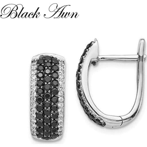 Black Awn Classic 925 Sterling Silver Round Black Trendy Spinel Engagement Hoop Earrings for Women Fine Jewelry Bijoux I200