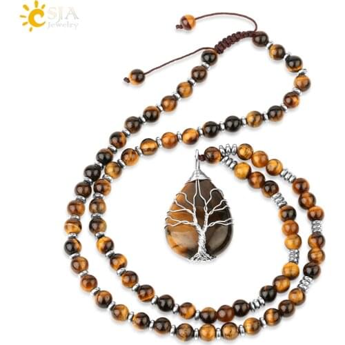 CSJA Natural Stones Beaded Tiger Eye Necklaces for Men Tree of Life Pendants Mala Yoga Beads 7 Chakra Reiki Female Jewelry S469