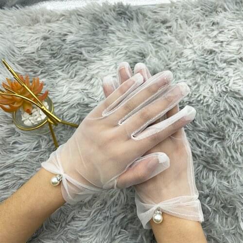 Elegant Women Transparent mesh Finger Sunscreen Mittens Sexy Female Etiquette Performance Pearl Lace Tulle Short Sun Gloves