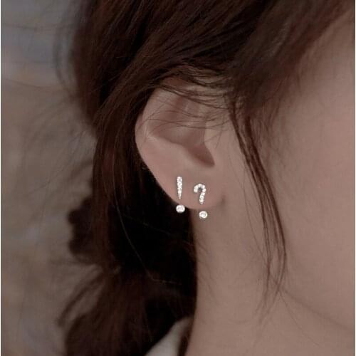 Personality Silver Color Exclamatory Mark Question Mark Earrings Cute Funny Zircon Crystal Earrings Minimalism Fine Jewelry