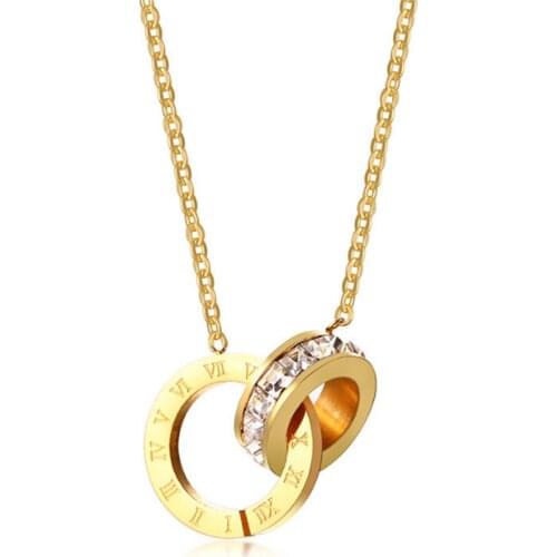 316L Stainless Steel Simple Inlaid Zircon Rose Gold Roman Double Ring Necklace Collier Acier Inoxydable Femme