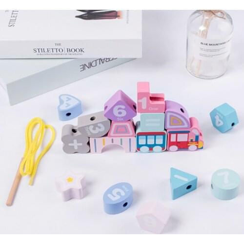 Train Shape Digital Building Blocks Beading Baby Wearing Rope Digital Early Education Wooden Stringing Toy Children gift