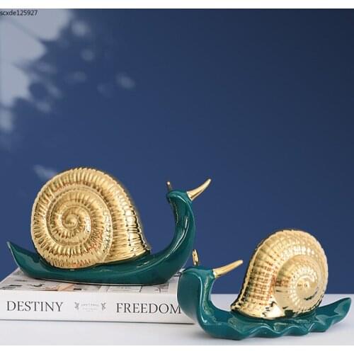 Creative Electroplating Golden Ceramic Snail Sculpture Crafts Cute Cartoon Animal Figurines Bookcase Art Living Room Furnishings