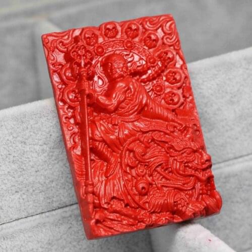 Cute synthetic red cinnabar rectangle pendant carved eudemon courage buddha dragon fashion accessory 38*58mm B1541
