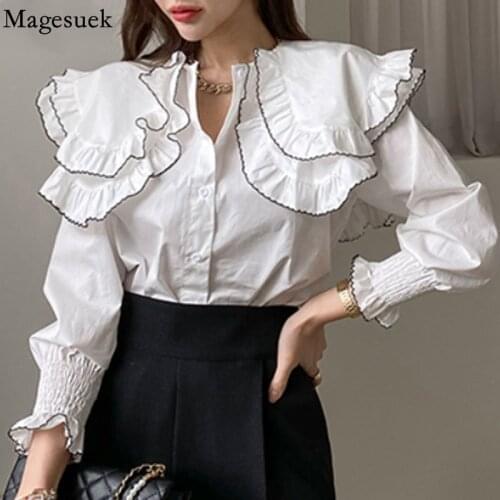 Fashion Loose White Vintage Shirt Elegant Big Lapel Long Sleeve Womens Blouse 2021 Peter Pan Collar Women Tops Blusas 16722