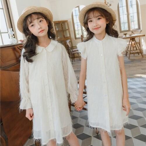 Fashion White Long Sleeve Long Summer Party Girl Dress Korean Flower Girls Dress Princess Robe Ete Children Clothes BW50DR