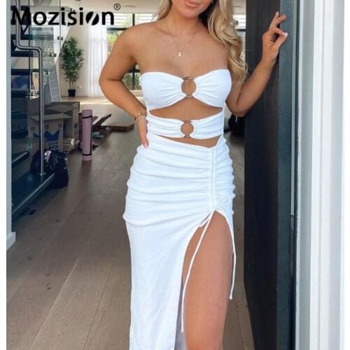 Mozision Hollow Out Strapless Ruched Dress For Women Sexy Sleeveless Side Split Dresses Ladies Beach Holiday Drawstring Dress
