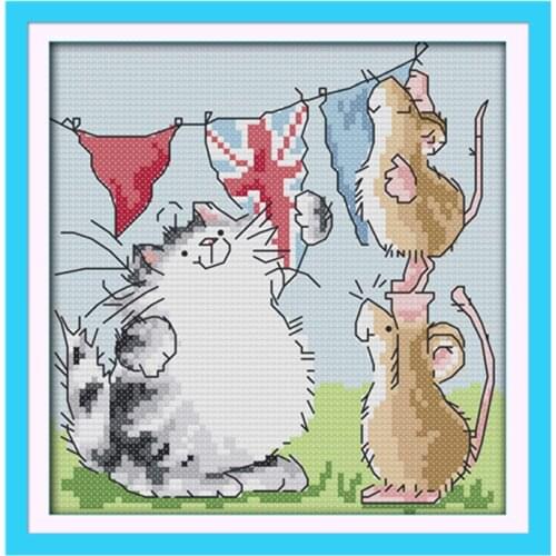 Cat and mouse cross stitch kit cartoon animal 14ct 11ct count print canvas stitches embroidery DIY handmade needlework plus