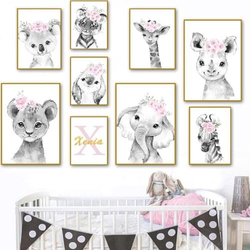 Nordic Baby Animals Wall Art Poster Pink Flower Wall Art For Kids Nursery Bedroom Lion Tiger Elephant Canvas Painting Picture