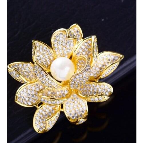 OKILY New Petal Micro Pave CZ Lotus Flower Brooches for Mother of Pearl Blossom Lotus Pins Fashion Zirconia Jewelry Ornament
