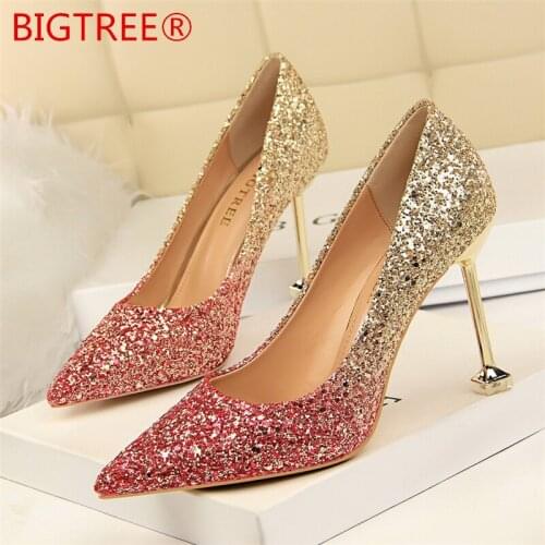 Women pumps Sexy Glisten 9CM wedding Sequins thin high heel shoes Party Dress allow Mouth shoes woman