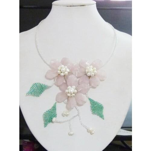 Unique, pink crystal, flower necklace 19"