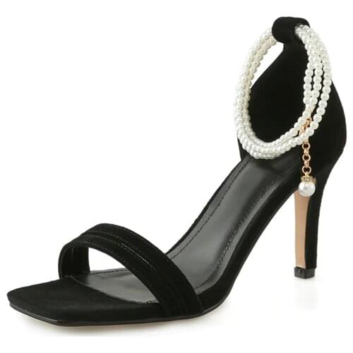 European American Stiletto Square Toe Ladies Sandals Leather High Heels With Pearls Fashion Casual Retro Womens Shoes Summer