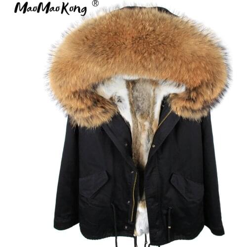 Maomaokong2020 woman army green Large raccoon fur collar hooded coat parkas outwear detachable rabbit fur lining winter jacket