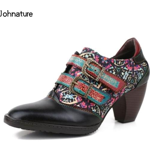 Johnature Pumps Women Shoes 2021 New Genuine Leather Retro Round Toe Hook & Loop Casual High Heels Sewing Handmade Ladies Shoes