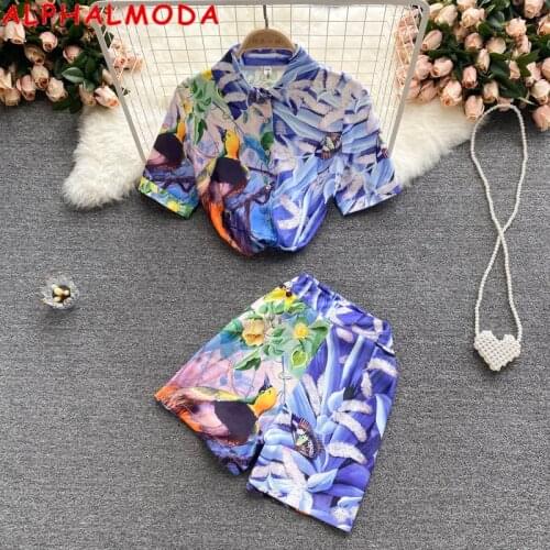 ALPHALMODA 2021 Summer Floral Printed Pattern Short-sleeved Shirt High Waist Shorts Women 2pcs Trendy Suits