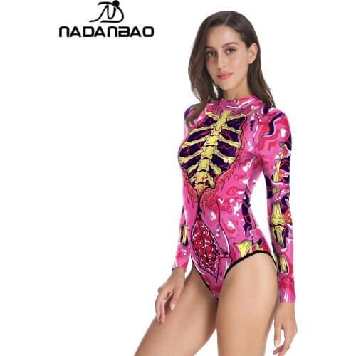 NADANBAO 2021 New Skeleton Anime Print Swimsuits Women Sexy Beachwear Bathing Suits Long Sleeve One Piece Slim Swimming Wear