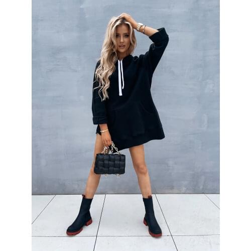 Autumn Long Sleeve Womens Hoodies Dress Drawstring Solid Black Loose Female Hooded Sweatshirt Fashion Sports Ladies Dresses