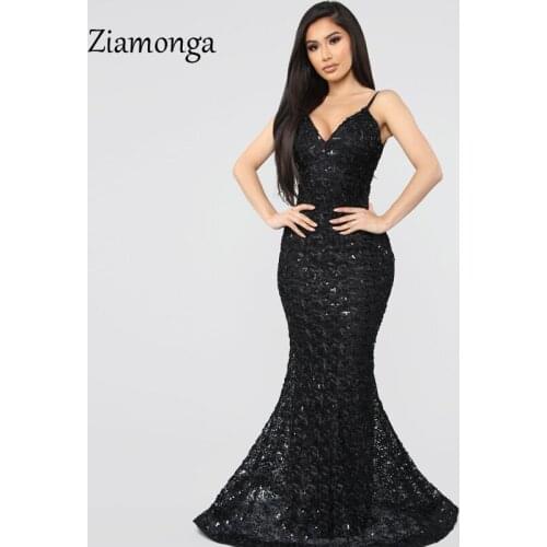 Ziamonga Luxury Lace Mermaid Long Formal Dress Evening 2019 Evening Gown Women V-Neck Sleeveless banquet Reflective Party Dress