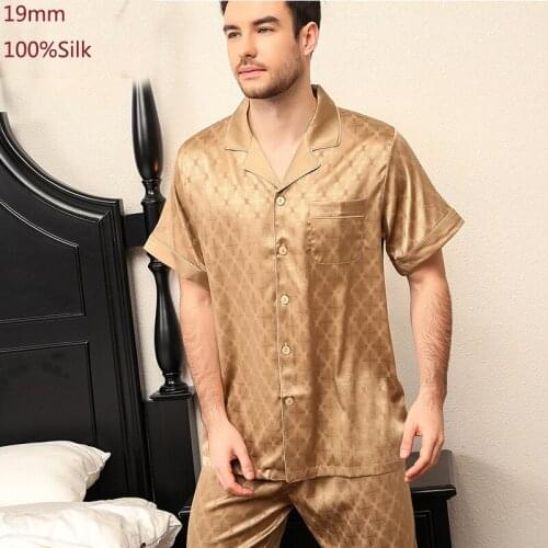 19MM Real 100% Silk Pajamas Men Suit Sleepwear spring summer Shirt Short sleeve Gold Color Solid Men 100% Silk Pajamas