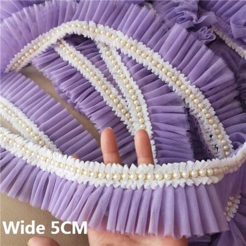 5CM Wide Glitter Double Layers Mesh Pleated Lace Beaded Fringe Ribbon Guipure Dress Garment Collar Trim DIY Sewing Craft Supply