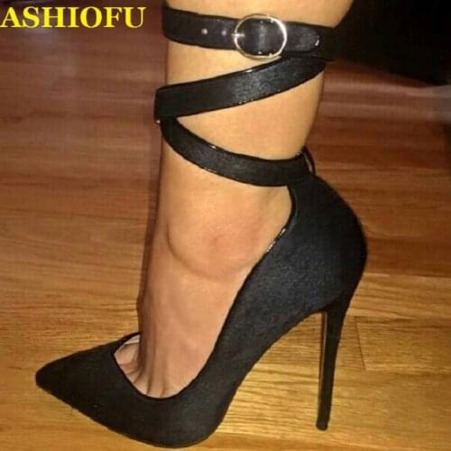 ASHIOFU Women Stiletto Heel Pumps Ankle-wrap Buckle Strap Office Party Dress Shoes Large Size Eurolish Fashion Court Shoes