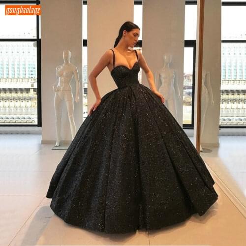 Sparkly Boho Fuffy Evening Dresses Long 2021 Sweetheart Spaghetti Strap Ball Gown Formal Dress Women Black Arabic Evening Gowns