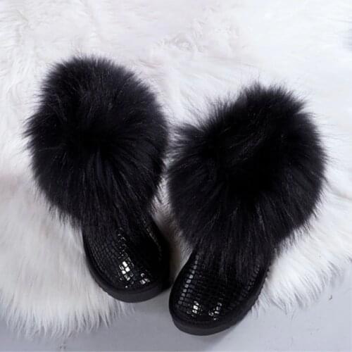 New Fashion Women Boots Black Natural Fox Fur Snow Boots Waterproof Genuine Cow Leather Ankle Boots Women Winter Boots Shoes