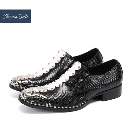 Christia Bella Designer Black White Patchwork Men Dress Shoes Metal Charm Formal Leather Shoes Rivets Party Men Shoes Footwear