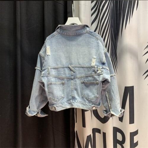 Denim Jacket Female Short Section Slim 2021 New Thin Student Long-sleeved Spring and Autumn Denim Jacket Jacket Hole Size