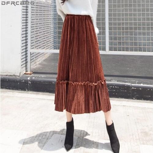 Elegant Winter Women Fashion Skirts 2019 Stretch High Waist Pleated Skirt A-line Maxi Faldas Splicing Retro Velvet Long Skirt