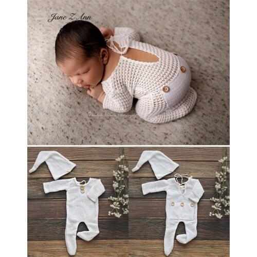 Baby boy one-piece white knitted hollow romper with hat infant stretch photo clothing newborn photography props