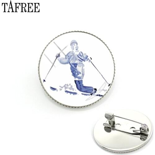 TAFREE Fashion Jewelry Snowboarding Lovers Round Metal Lapel Pins Skiing Project Glass Round Pins Badge Gift SG06