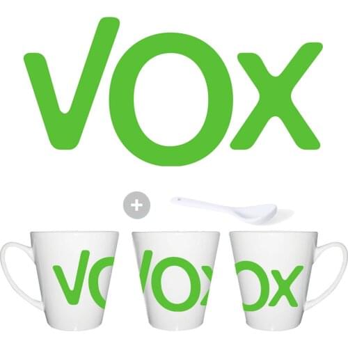 MERCHANDMANIA Cup CONICA LOGO party VOX Spain spoon picnic tea personalized washable dishwasher ceramic gift