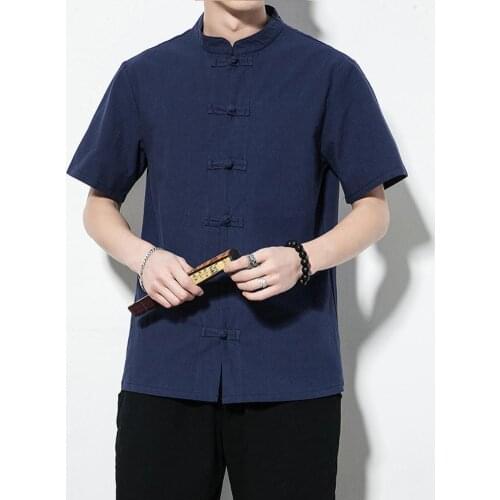 Men Solid Color Stand Collar Short Sleeve Loose Shirt Chinese Style Tang Suit 2020