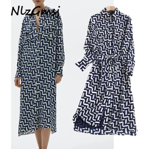 Nlzgmsj Za Dress Women Dress Geometric Print Midi Dress Female Long Sleeve Elegant Fashion 2021 Shirt Dress Vestidos 202103