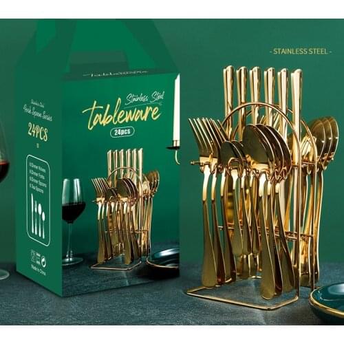 2021 new western style home kitchen stainless steel tableware 24 piece set gold-plated 1010 cutlery storage rack gift box set