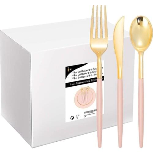 30 Pcs Disposable Tableware Golden Plastic Silverware With Pink Green Handle Disposable Cutlery Set Suitable for Wedding Party