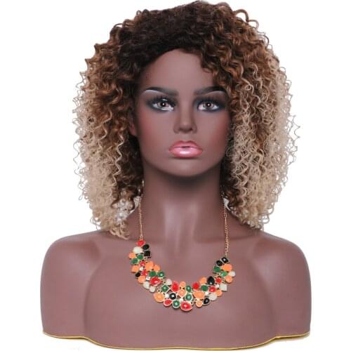 BESTUNG Medium Kinky Curly Afro Wigs for Black Women Synthetic Fluffy Blonde with Dark Roots Ombre Brown Full Wig